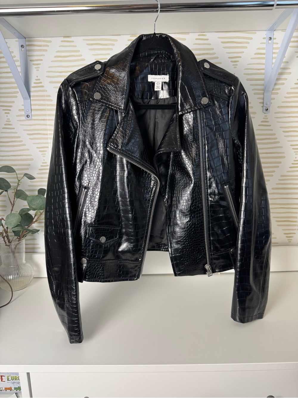 Topshop Black Croc Embossed Faux Leather Moto Jacket Small US 2
